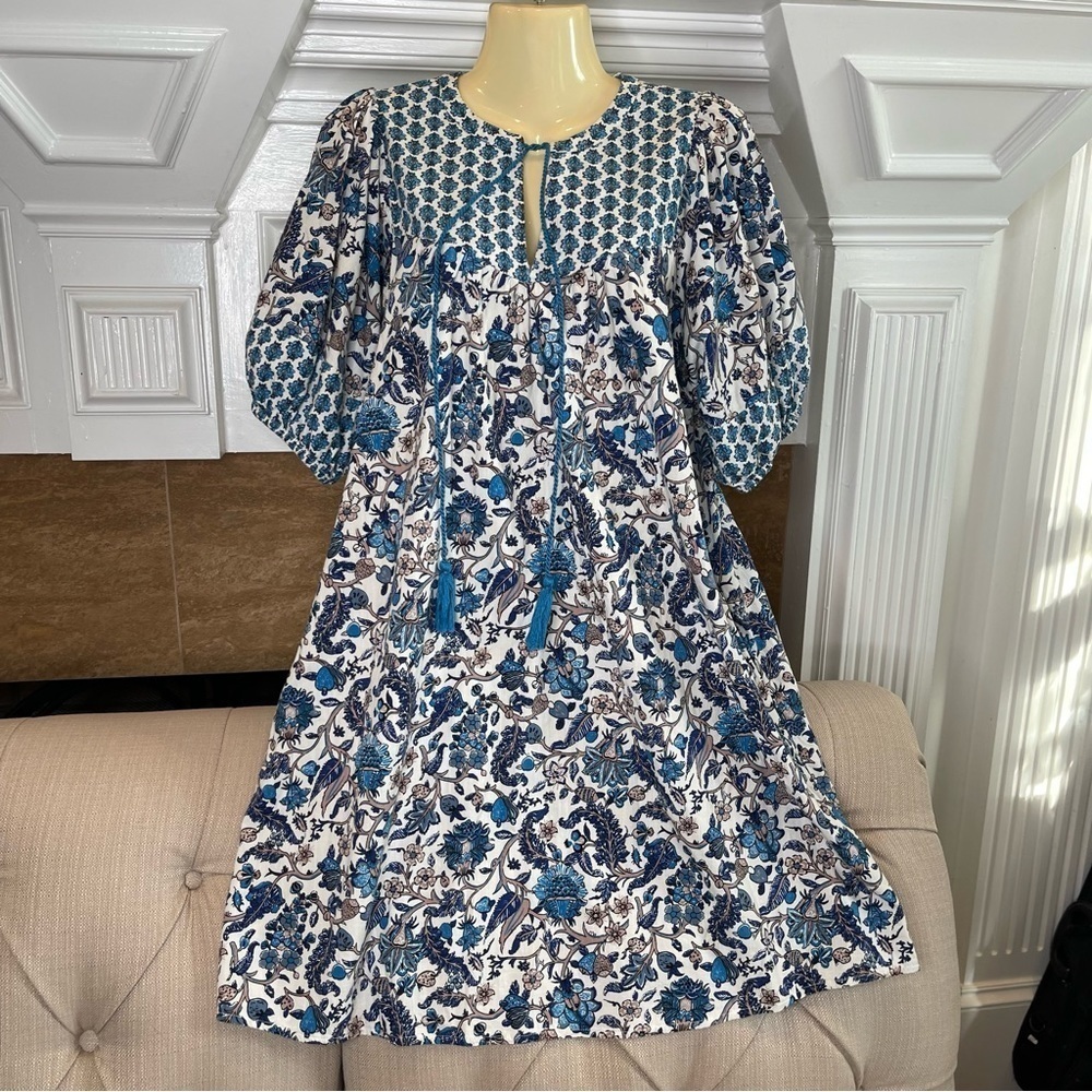 Knox Rose Dress S Blue Print Short Sleeve Tassel Keyhole Boho Cottage Pockets